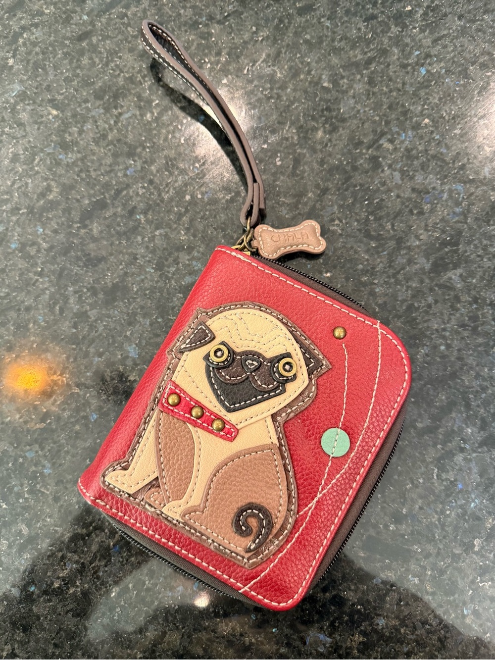 Chala Red Zip Wallet/Wristlet with Pug Adornment 5”x6”